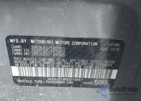 2016 Mitsubishi Lancer Es from USA, damaged, VIN JA32U2FU6GU010567